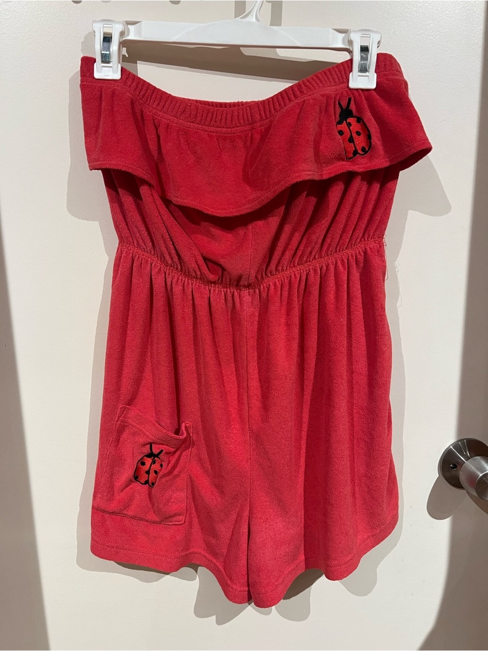 Vintage 80s Palm Harbout Red Strapless Terry Romper with Ladybug Embroidery
